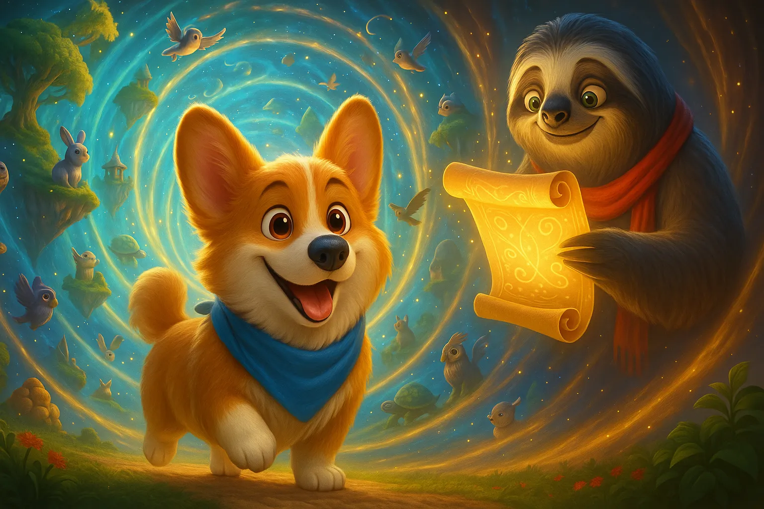 Cogni the Corgi and his friend stepping through a magical portal – Illustration from the Cogni Adventures children's book